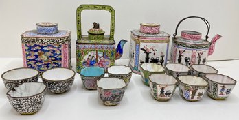 Antique Chinese Canton Enamel On Metal Tea Service, Some With Qing Dynasty 'Hundred Antiques' Pattern