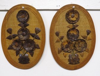 Mid Century Carved Coconut Husk Floral Rattan Wall Hangings