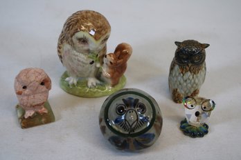 Small Porcelain, Glass And Stone Owl Collection