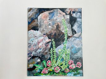 Flowers Among Rocks, Acrylic On Canvas, Signed