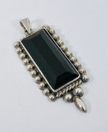 LARGE MEXICAN STERLING SILVER FACETED BLACK ONYX RECTANGULAR PENDANT