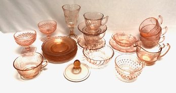 Large Grouping Of Assorted Pink Depression Glass Including Stemware