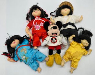 5 Vintage Dolls: 4 Mieler Asian Baby Dolls & 2000 Mickey Mouse