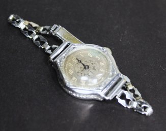 Fine Edwardian Rhodium Plated Ladies Wristwatch Having Sapphire Post