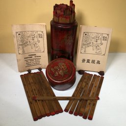 Amazing Antique Style Chinese Fortune Sticks In Round Leather Canister - With Two Books - Chinese And English