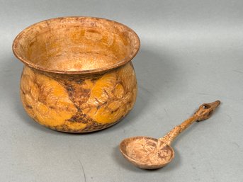 Stunning Hand Carved Wood Bowl & Spoon
