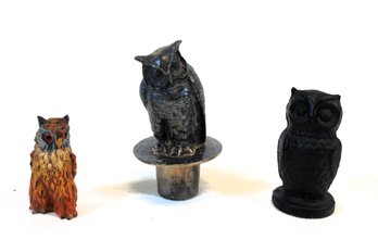Group Of Three Small Owl's Including An Antique Bottle Stop