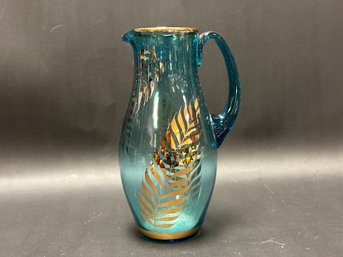 A Beautiful Vintage Glass Pitcher In Blue With Gilt Ferns & Rim