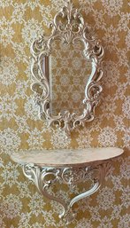 Vintage Mid Century Ornate Antiqued White Hallway Mirror & Shelf From Syroco