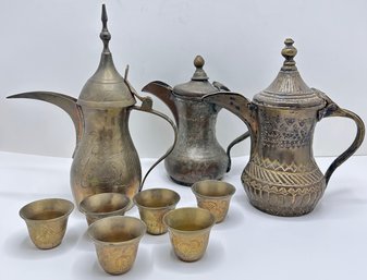 3 Antique Brass Saudi Teapots, One With 6 Matching Cups