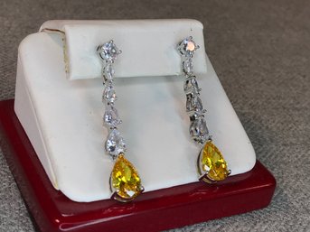 Stunning Sterling Silver / 925 Drop Earrings With Sparkling Yellow And White Topaz - SUPER Expensive Look !