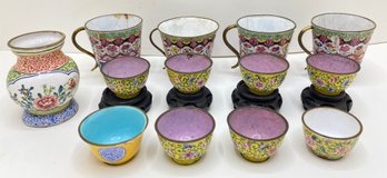 Antique Chinese Canton Enamel On Metal Vase, 12 Mini Cups & 4 Wood Stands