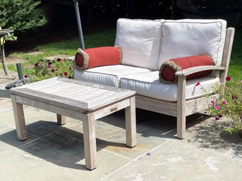 A Teak Loveseat And Coffee Table By Regal Teak - Sunbrella Cushions Included