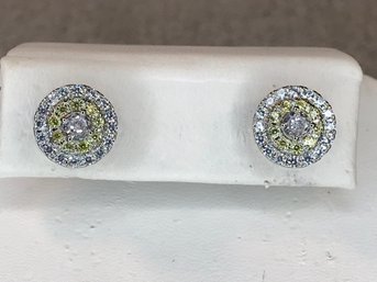 Wonderful 925 / Sterling Silver Button Earrings - White Topaz With Inset VERY Pale Yellow Topaz Accents