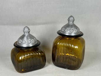 Beautiful Artland Ribbed Glass Canisters With Pewter Top