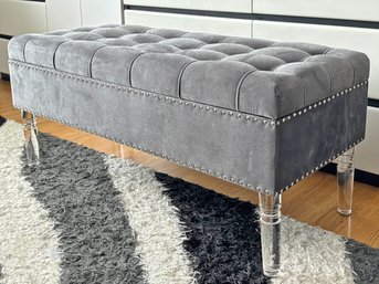 A Glam Tufted Microfiber Bench With Lucite Legs!