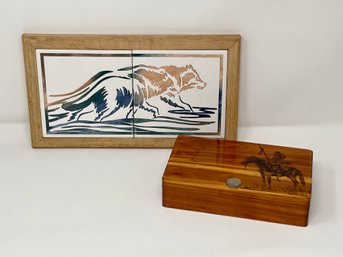 Sioux Country Cedar Trinket Chest/ Box And Framed Wolf Tile Artwork