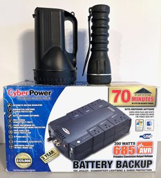 Cyber Power Battery Backup Power Supply & 2 Flashlights