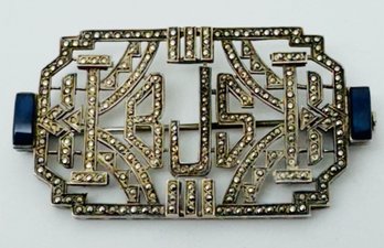 VINTAGE ART DECO STERLING SILVER MARCASITE AND LAPIS INITIAL BROOCH (5 STONES MISSING)