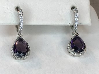 Fabulous Brand New - 925 - Sterling Silver Teardrop Earrings With Amethyst And Sparkling White Zircons - WOW !
