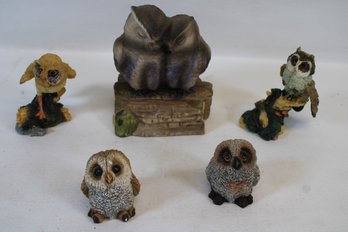 Lot Of Five Small Owls Including A Vintage Music Box From A. E. Price Co.