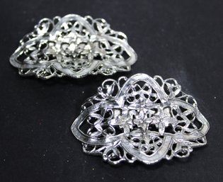 Pair Silver Plated Victorian Floral Fancy French Shoe Buckles