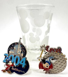 Disney Mickey Mouse Etched Shot Glass & 2 Disneyland Pins