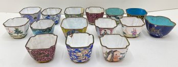 Antique Chinese Canton Enamel On Metal 15 Mini Cups