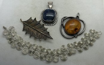 Sterling Silver Jewelry Lot- Hand Made Bracelet, Filigree Leaf, Taxco Lapis Lazuli Pendant, Amber Pendant