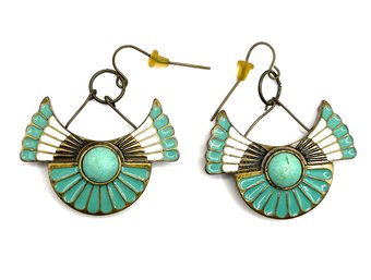 Vintage Southwestern Style Large Turquoise And White Inlay Earrings