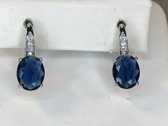 Lovely 925 / Sterling Silver Earrings With Navy Blue Topaz And Sparkling White Zircons - Very Nice Pair !