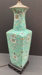 Beautiful Asian Square Form Turquoise Chinoiserie Lamp On Wooden Base