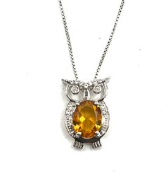 Gorgeous Sterling Silver Citrine Stone Owl Pendant Necklace