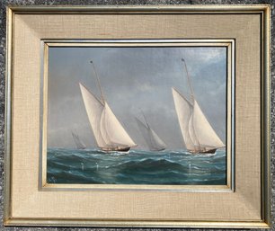 Nautical Oil On Board, Sailboats On The Sea, Signed CKM '93