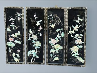 Vintage Oriental Lacquer Wall Panels With Mother Of Pearl Design