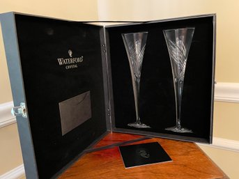 Waterford Crystal Glass Pair Of Waff Wishes Beginnings Flute In Box. 11' Tall