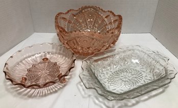 Pink Depression Glass Bowl, Footed Bowl And Small Clear Tray