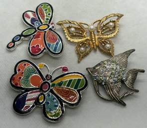 Enamel And Faux Pearl Butterfly Brooches And Rhinestone Angelfish Brooch