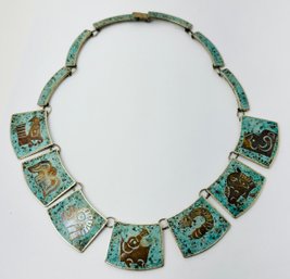 VINTAGE MEXICAN MIXED METAL AND STONE STERLING SILVER INLAID PANEL NECKLACE