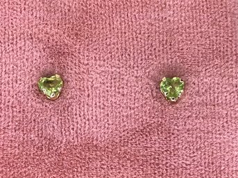 Lovely Vintage Heart Shaped Peridot Earrings With 14K Yellow Gold Mounts & Backs - Nice Vintage Pair !