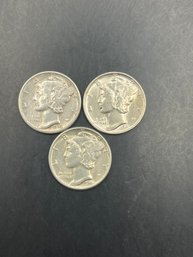 3 Uncirculated Mercury Dimes 1941, 1943, 1944