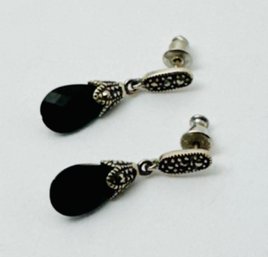STERLING SILVER MARCASITE AND FACETED BLACK STONE DANGLE EARRINGS