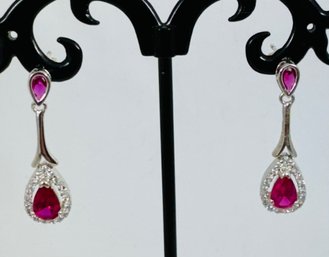 PRETTY STERLING SILVER RUBY AND WHITE STONE DANGLE EARRINGS