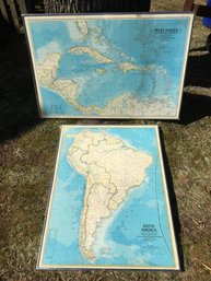 2 Vintage Large Wall Maps Of South America & West Indies - Maps Only