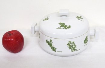 Retro Porcelain Herb Garden Ovenware Covered Casserole In Green & White Decorated With Herbs