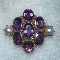 Beautiful 14K Vintage Amethyst Pearl Brooch