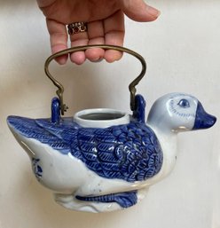Porcelain Blue & White Duck Shaped Teapot - Brass Handle