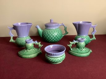 Vintage Clyde Ceramics Scotland Thisle Purple And Green Tea Set