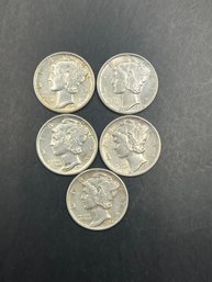 5 Uncirculated Mercury Dimes 1939, 1940, 1941, 1943, 1944