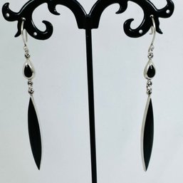 LONG AND SLEEK STERLING SILVER AND ONYX DANGLE EARRINGS